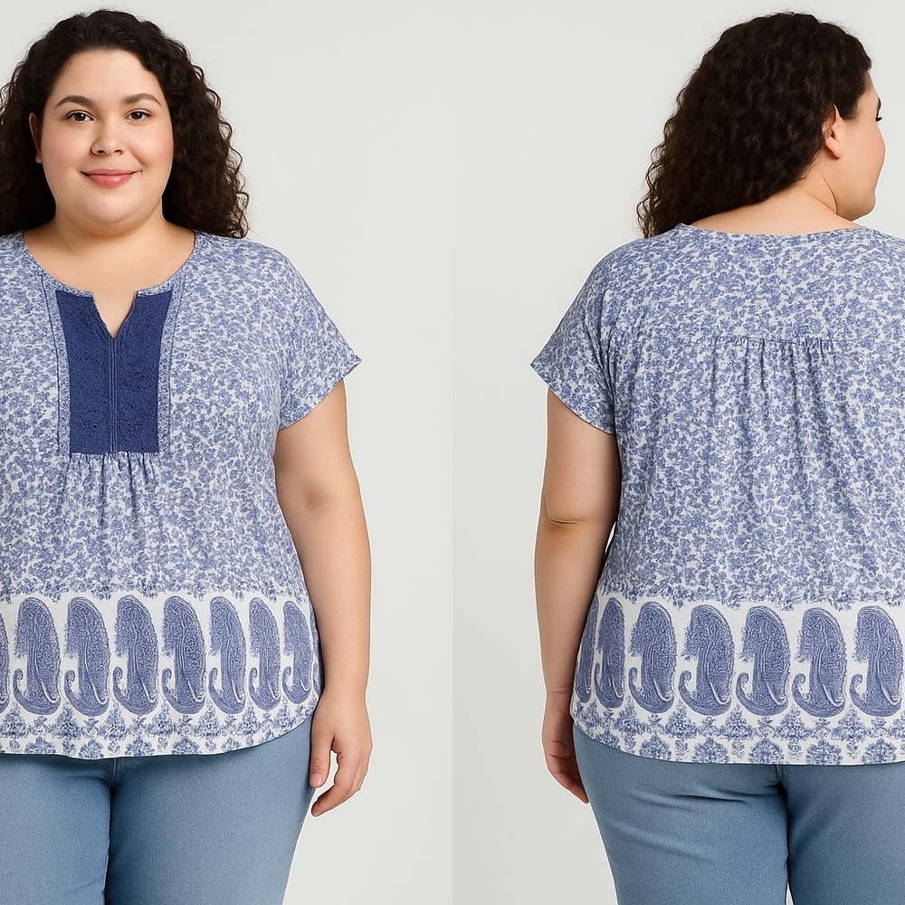 Como Vintage Blue Floral Paisley Top – Size XL